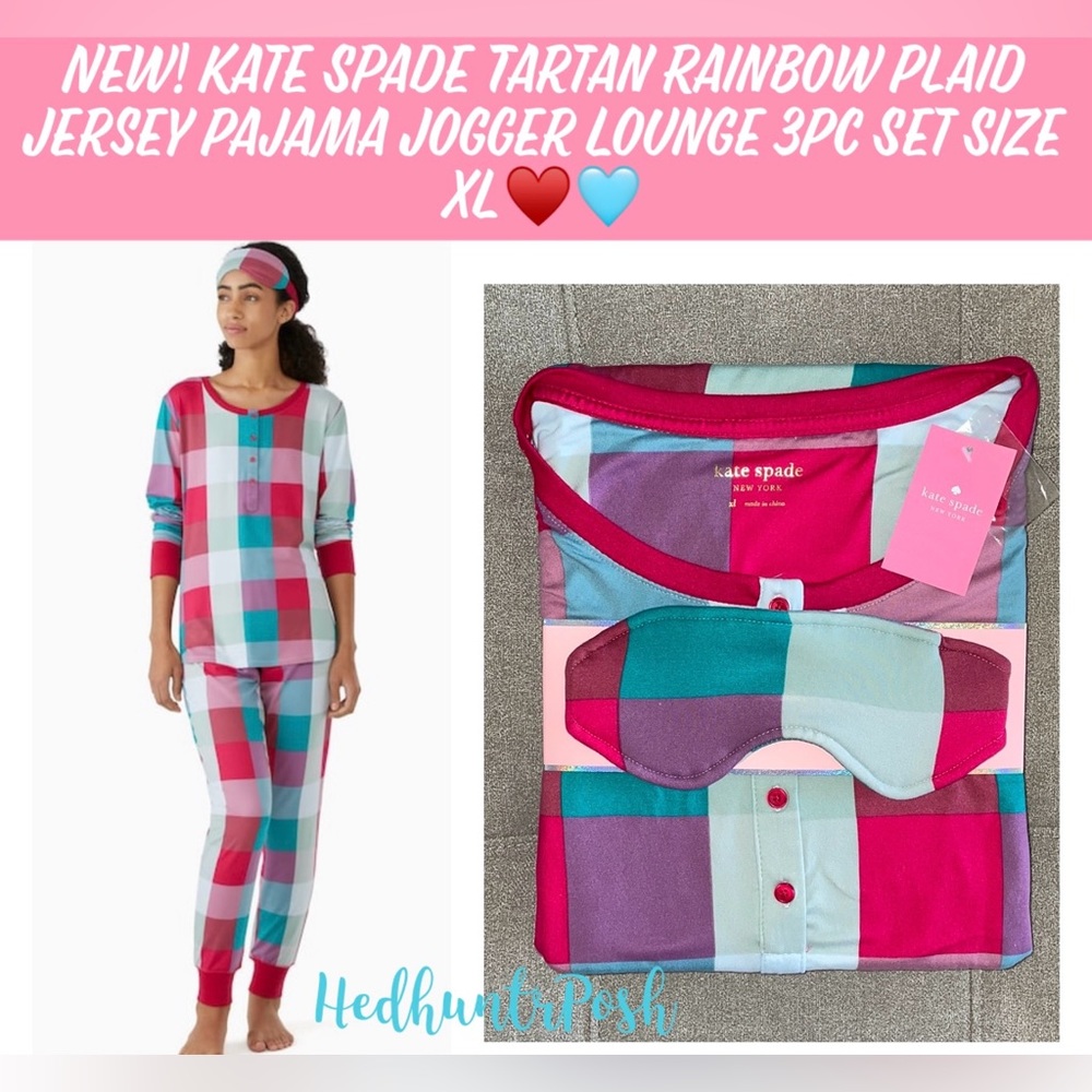 🎉HP🎉New! Kate Spade Tartan Rainbow Plaid Jersey Pajama JoggerLounge 3Pc Set XL - Picture 11 of 11